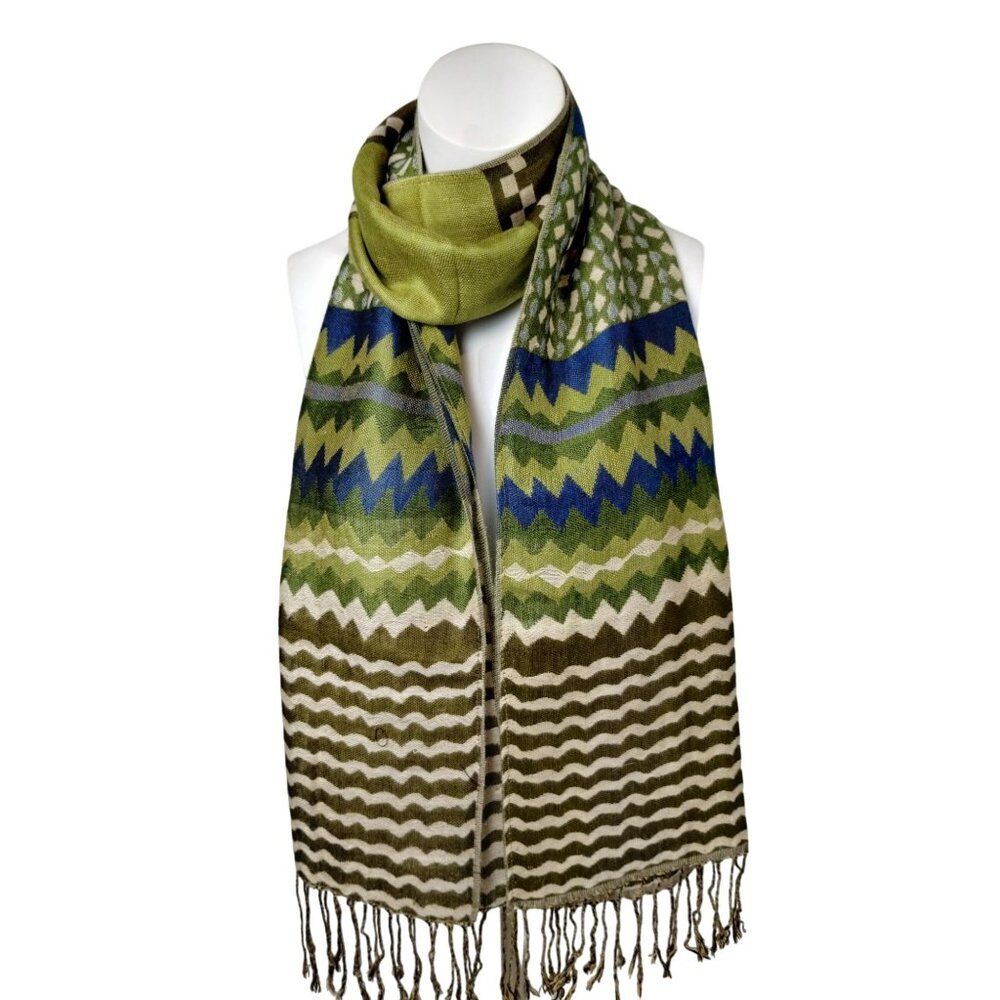 Womens Bohemian Green and Blue Patterned Scarf With Tassel Fringe